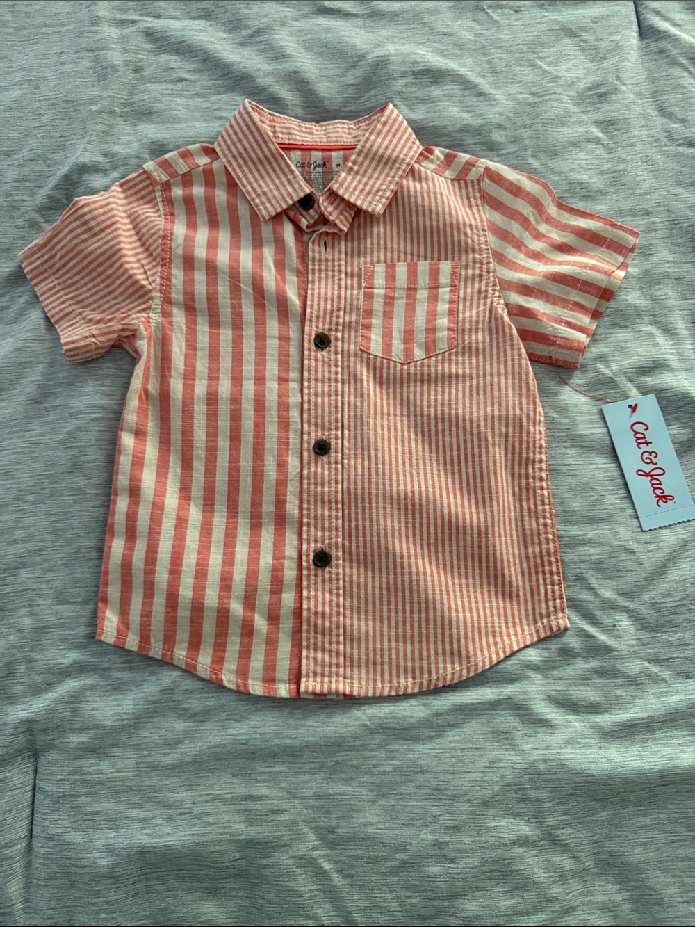 Cat & Jack Coral and White Striped Short-Sleeve Button-Down Shirt